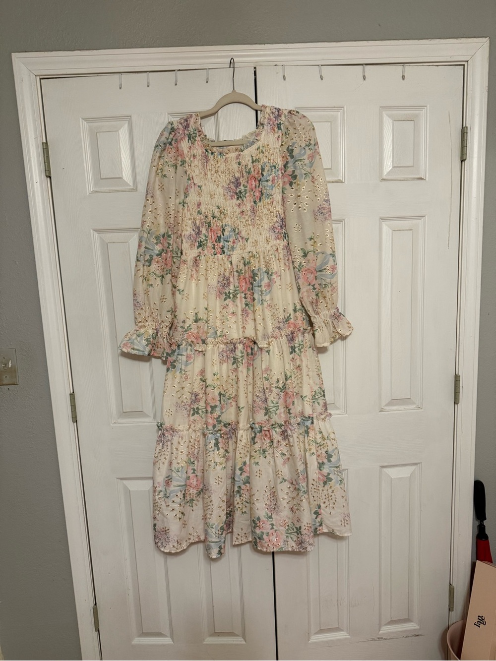Women's Cream Floral Midi Dress with Tiered Skirt